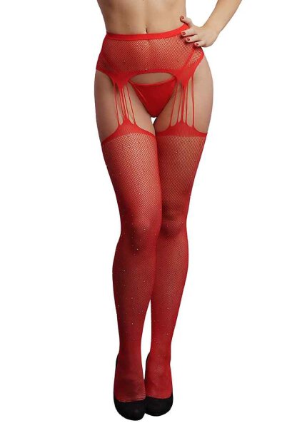 Suspender Rhinestone Pantyhose - Red One Size